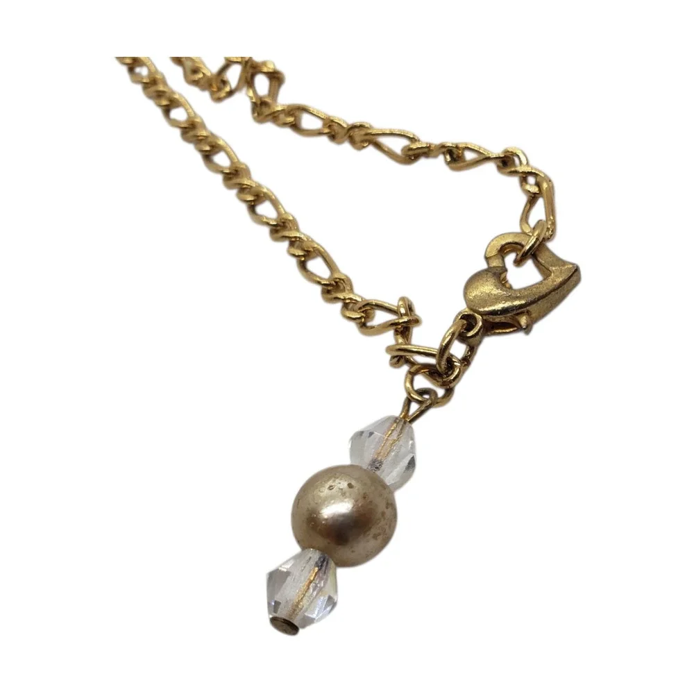 Vintage Gold Tone Chain Necklace Faux Pearl Aurora Borealis Crystal Beads LONG